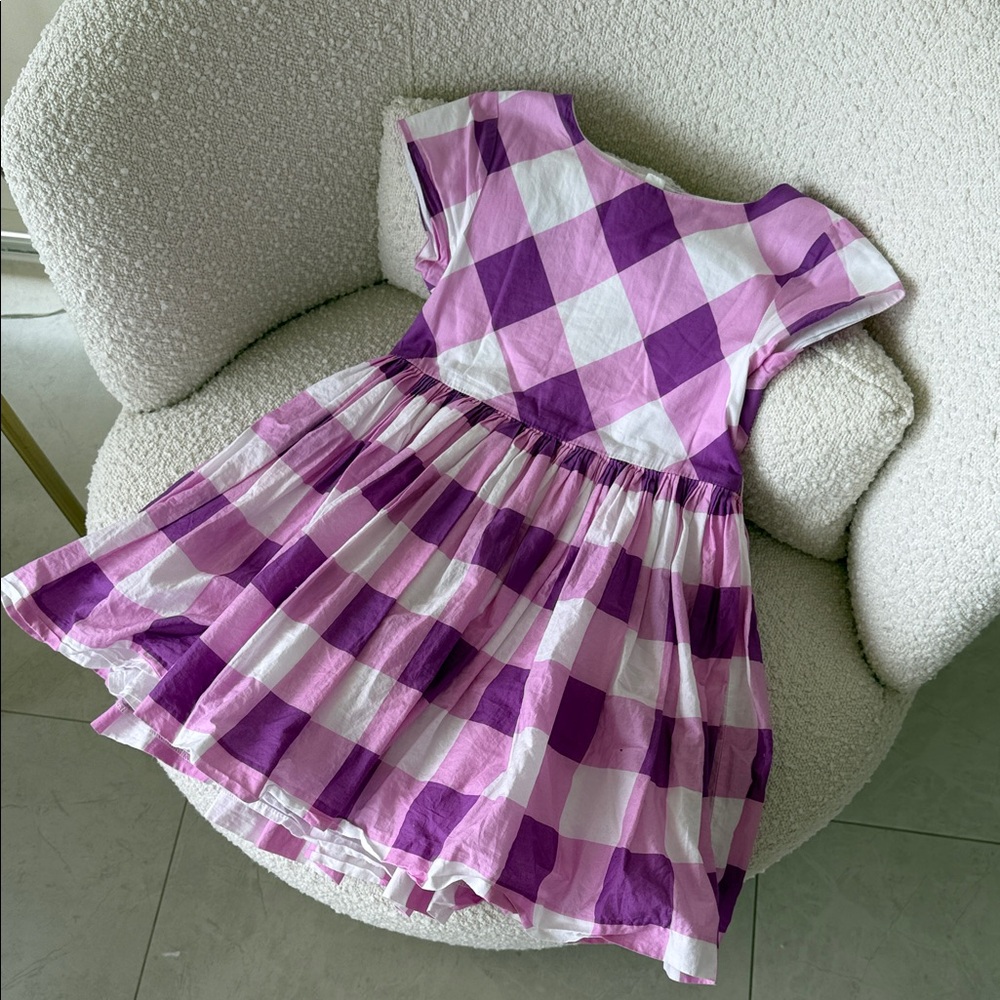 Jacadi Purple and White Gingham Cap-Sleeve Dress